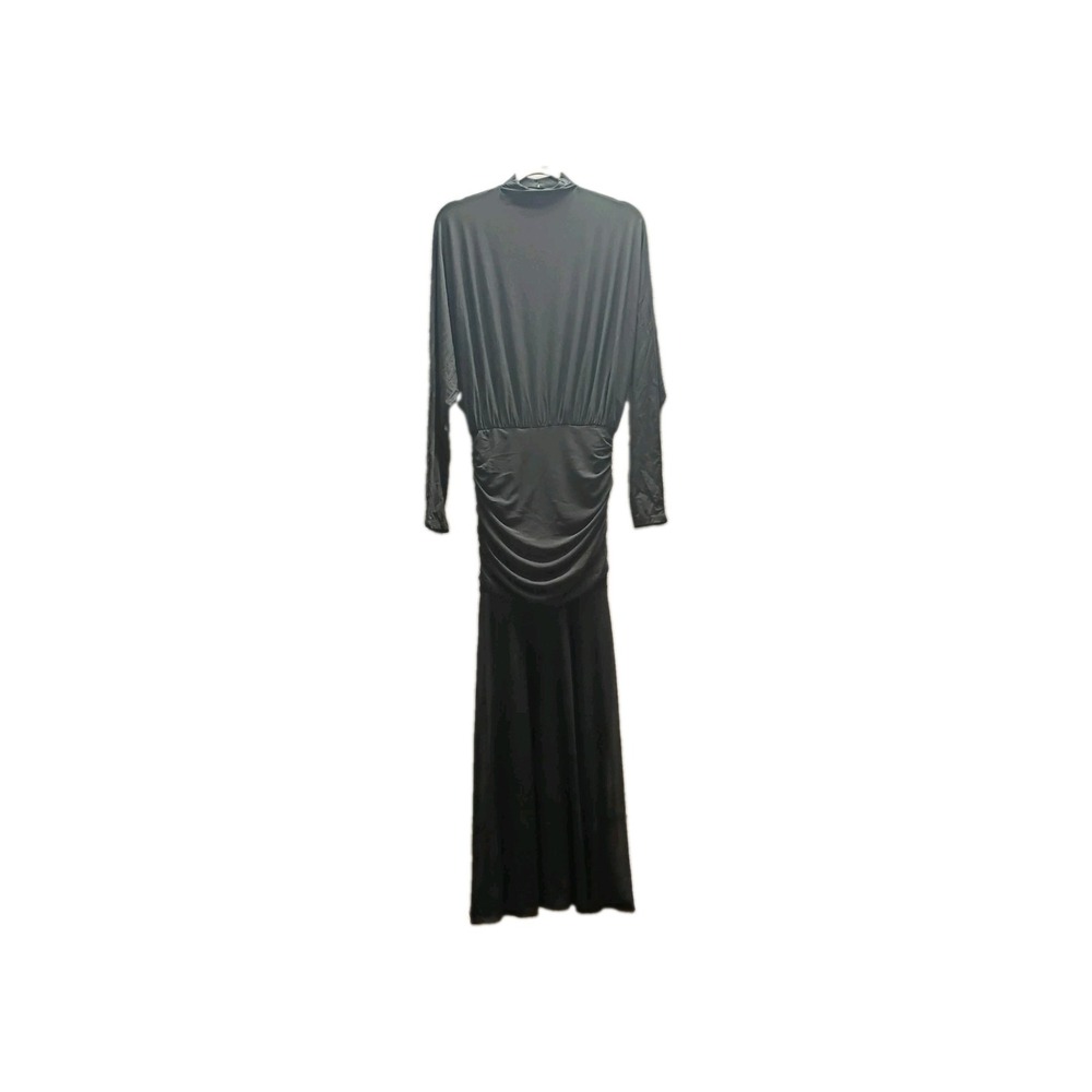Commense Black Sheer Ruched High Neck Midi Dress Long Sleeve  Jersey XS Chic